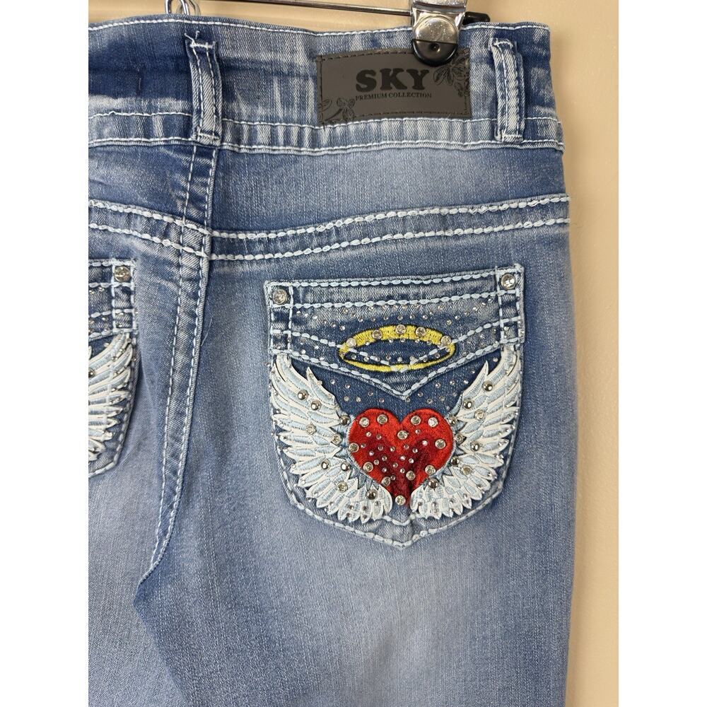 New Sky Premium Women’s Jeans Size 13 Mid Rise Flare Heart Embellished Y2K - Picture 2 of 13